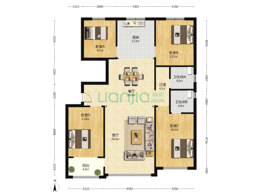 方山公馆 4室2厅2卫 165平方