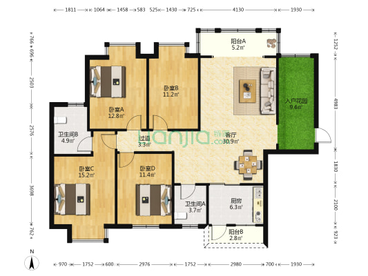 佳润文昌国际 4室1厅2卫 138平方