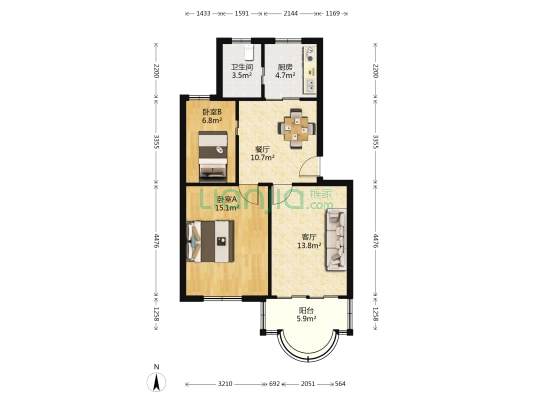 茜苑新村 2室2厅1卫 70平方
