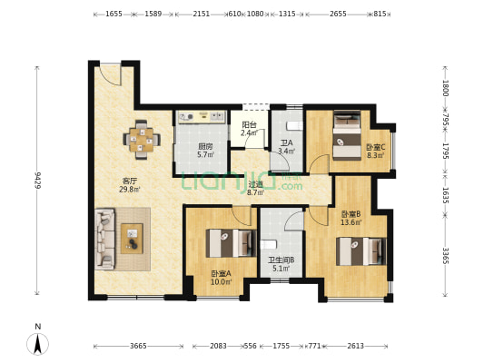 龙湖北滨910 3室1厅2卫 113平方