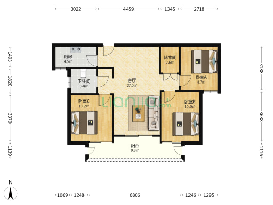 罗西住宅区十组团 3室1厅1卫 105平方
