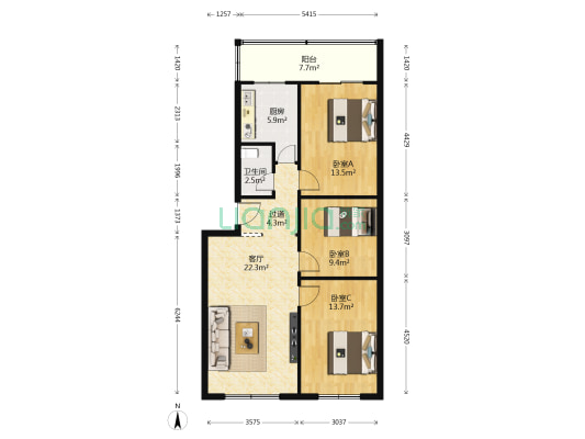 温馨家园 3室1厅1卫 98平方