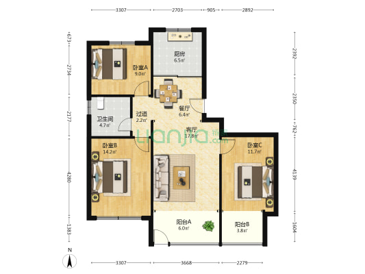 天泰公园壹号 3室2厅1卫 105平方
