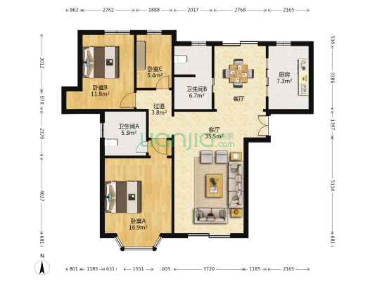 阳明国际花苑一二三期 3室1厅2卫 122平方