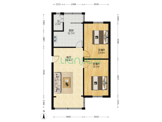 镇政府宿舍 2室1厅1卫 88平方