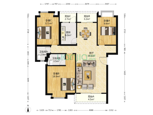 东怡美居 3室1厅2卫 114平方