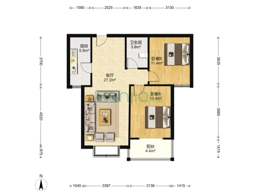 怡林苑 2室1厅1卫 95平方