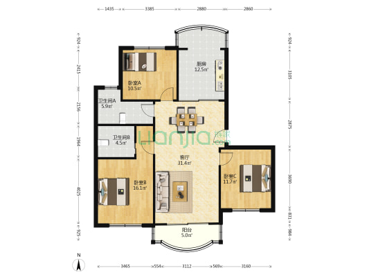 蝶恋园 3室1厅2卫 115平方
