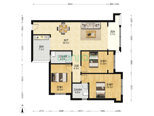 洺悦城公园里二期 3室1厅2卫 110平方
