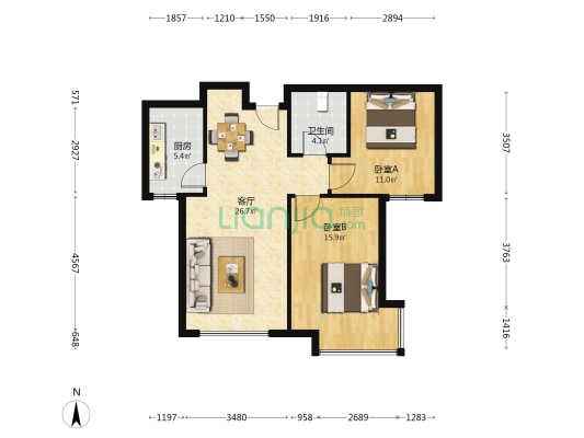 京能海语城 2室1厅1卫 91平方