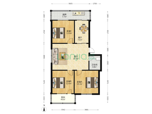 工商苑 3室2厅1卫 95平方