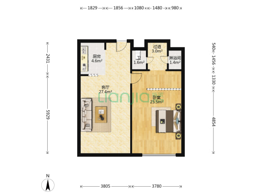 时代星城公寓 1室1厅2卫 91平方