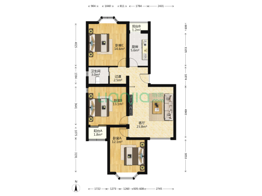天宝家园 3室1厅1卫 103平方