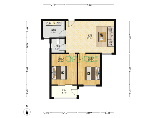 荷塘家园二期 2室1厅1卫 86平方