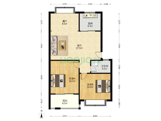 新世纪东山花园 2室2厅1卫 103平方