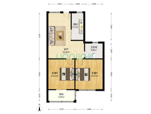 世纪广场西区 2室1厅1卫 85平方