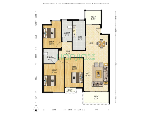 风华天城石榴铺 3室1厅2卫 135平方