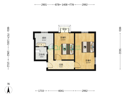 北三环西路47号院 2室0厅1卫 62平方