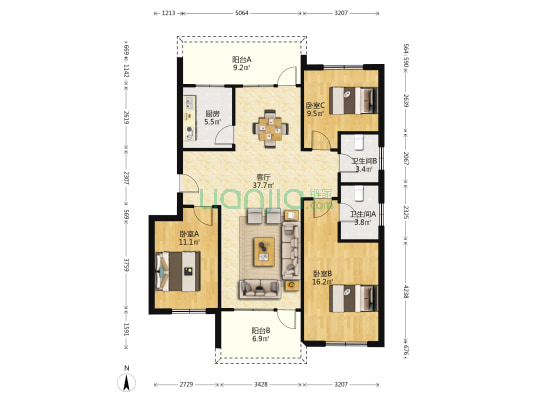 豪景新苑 3室1厅2卫 131平方