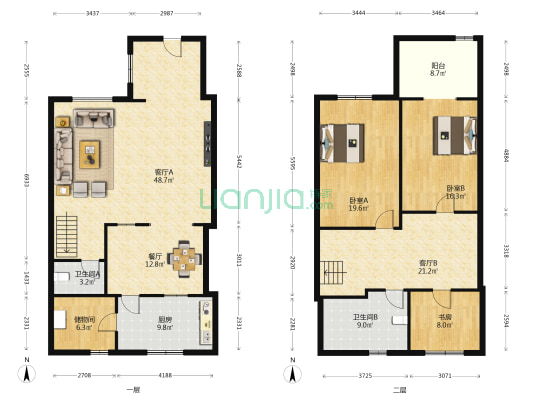 方圆别墅 3室3厅2卫 168平方