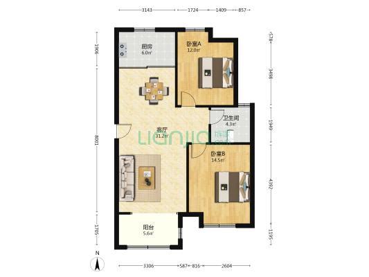 民康花园 2室1厅1卫 100平方