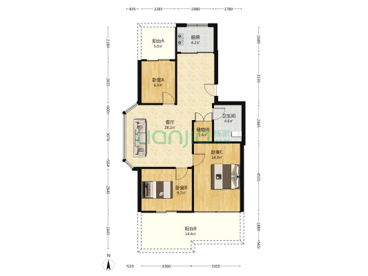检察院东首 3室1厅1卫 105平方
