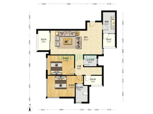 金科博翠园C区 2室1厅2卫 98平方