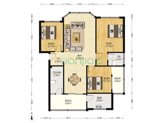 亭江街98号 3室1厅2卫 120平方
