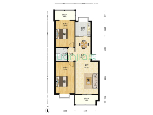 沁苑小区 2室2厅1卫 104平方