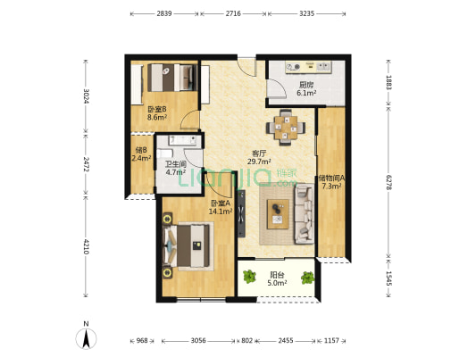 西水东熙第 2室1厅1卫 88平方