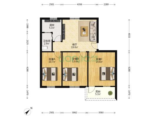 中旅宿舍 3室1厅1卫 84平方