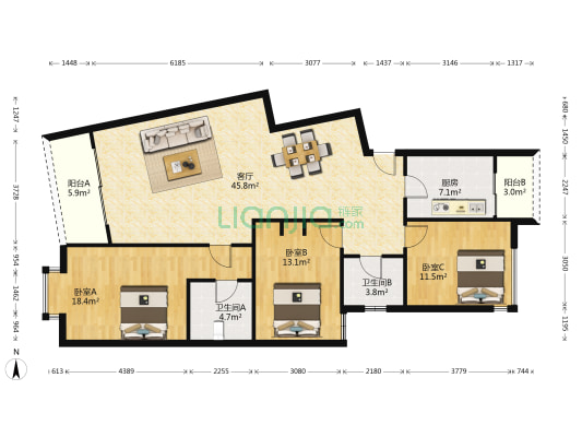 世纪新城 3室1厅2卫 143平方