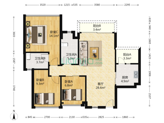 汇银W新港湾 3室1厅2卫 90平方