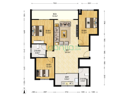 中欧国际城金茂悦四期 3室1厅2卫 124平方
