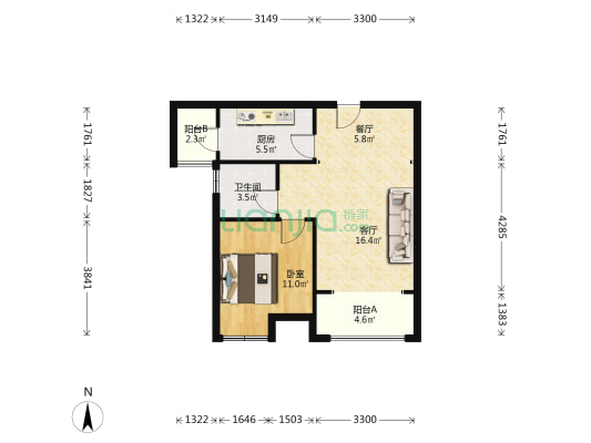 溶江A区一室两厅单身公寓，精装修，拎包入住-户型图