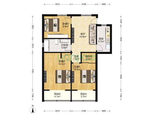 开开公寓 3室1厅1卫 106平方