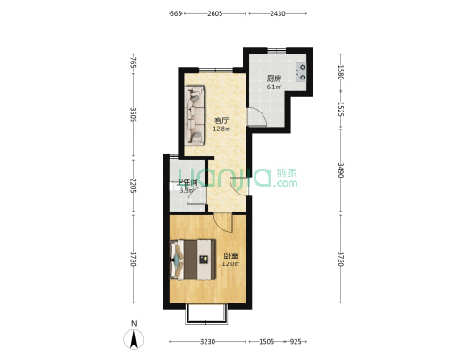 天地新城 1室1厅 南 北-户型图