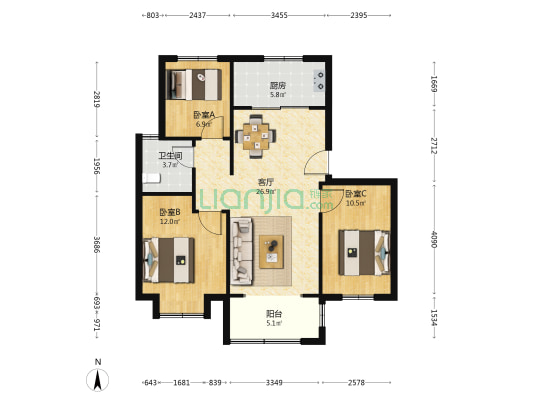 雲海臻府·理想城 3室1厅1卫 92平方