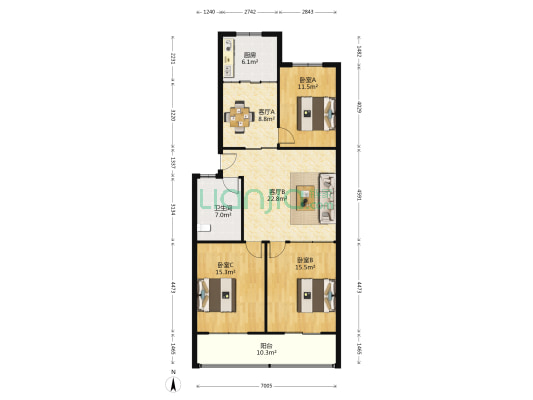 长清银河商厦综合楼 3室2厅1卫 119平方