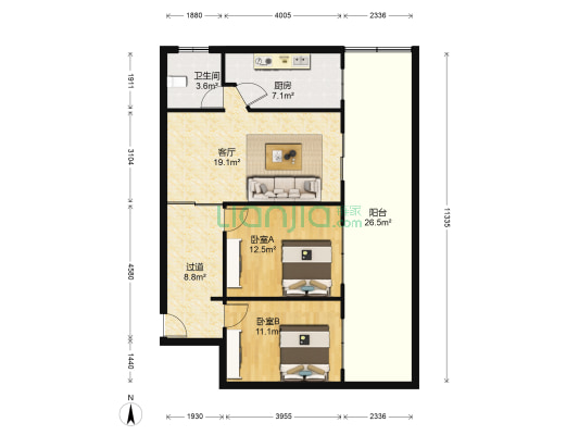 磨底河沿巷9号 2室1厅1卫 80平方