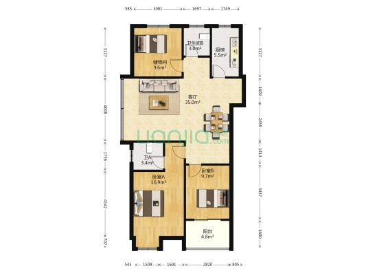 爱情海小区 2室1厅2卫 119平方