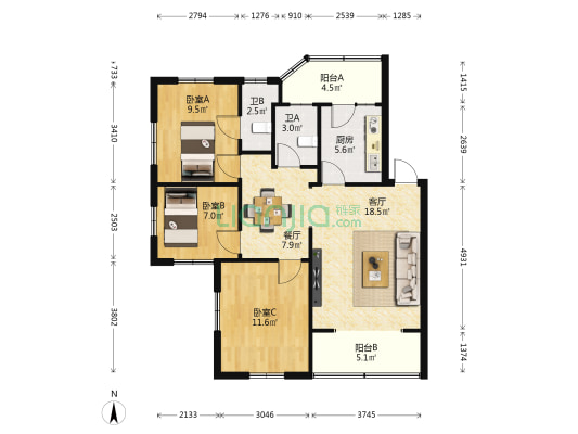 山峰路 3室2厅2卫 80平方