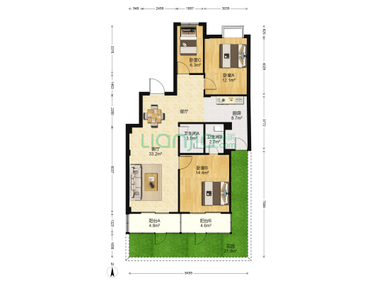 九龙城 3室1厅2卫 103平方