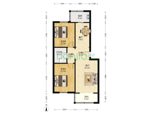 太白馨苑小区 2室2厅1卫 87平方