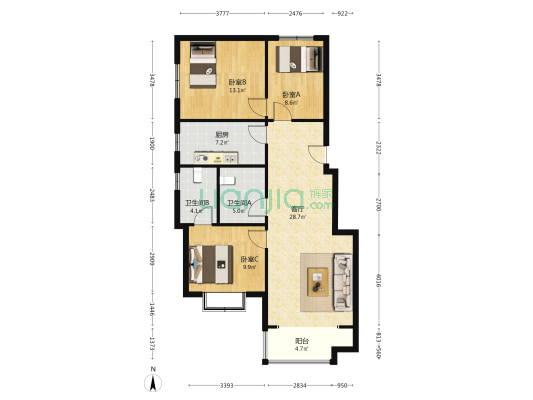 北海岸一品阁 3室1厅2卫 114平方