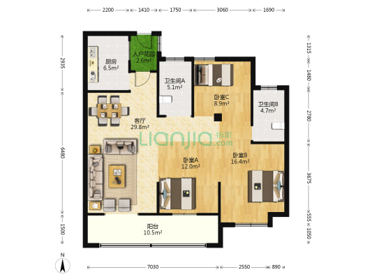 钱江绿洲 3室1厅2卫 125平方