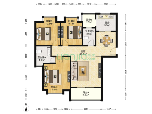 沁水新城 3室1厅2卫 116平方