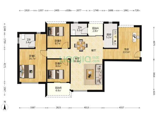 才子城 4室1厅2卫 110平方