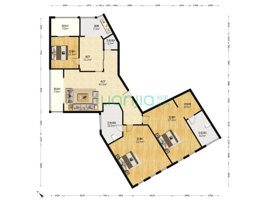 滨江一号 3室2厅3卫 208平方