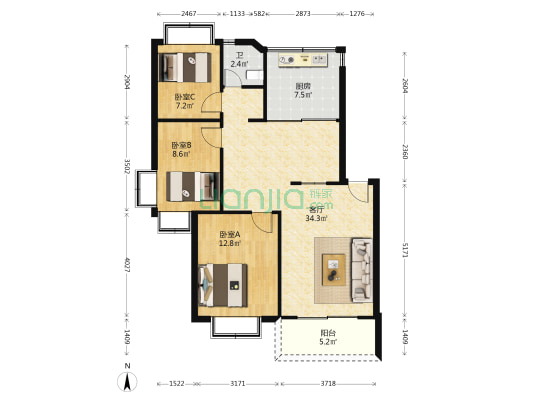莲塘路200号 3室1厅1卫 90平方